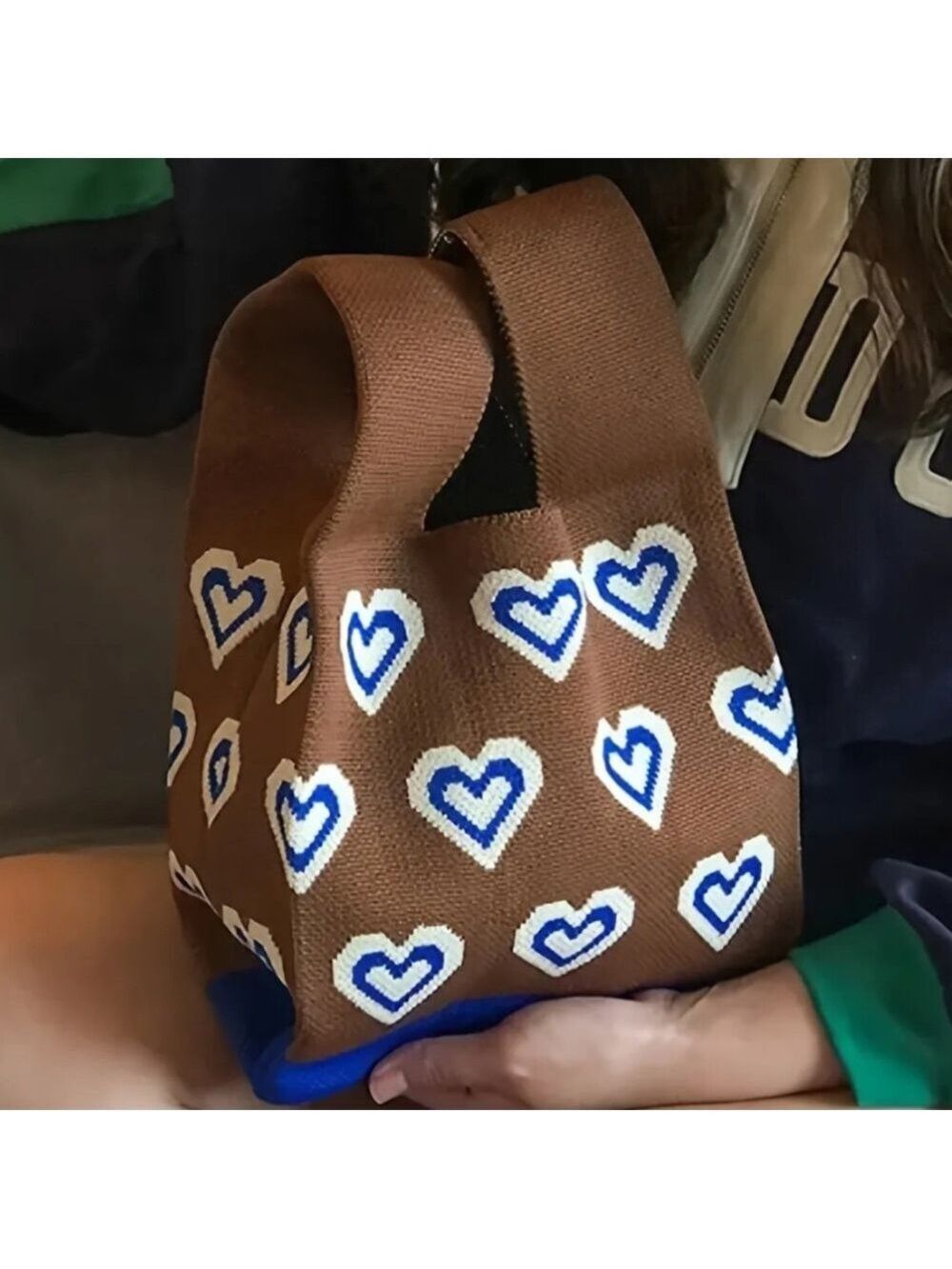 Heavy Woven Knit Heart Pattern Tote Purse Bag Japanese Knot Closure Style - Picture 6 of 6